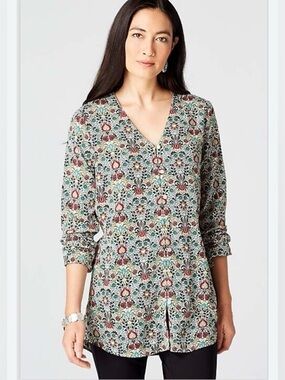 J. Jill Multicolor Botanical Floral V-Neck Button Front Blouse Size Large Petite